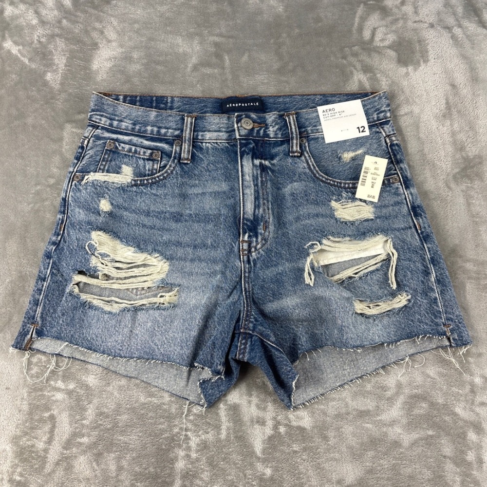 Aeropostale Shorts Womens 12 90s High Rise Cut-Off Blue Distressed Denim NEW